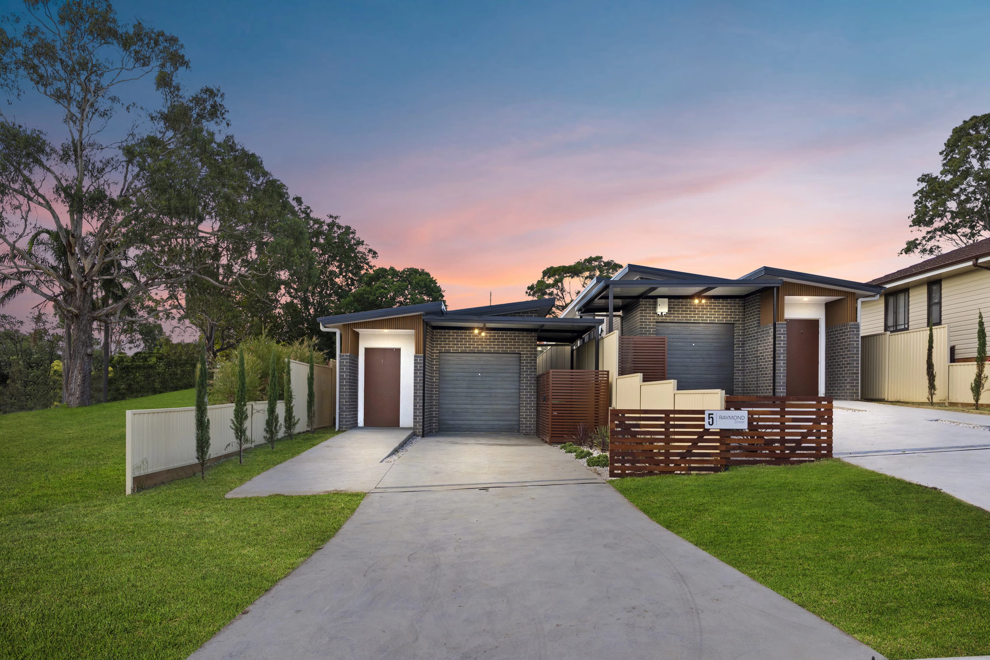 Raymond Street frontyard at dusk